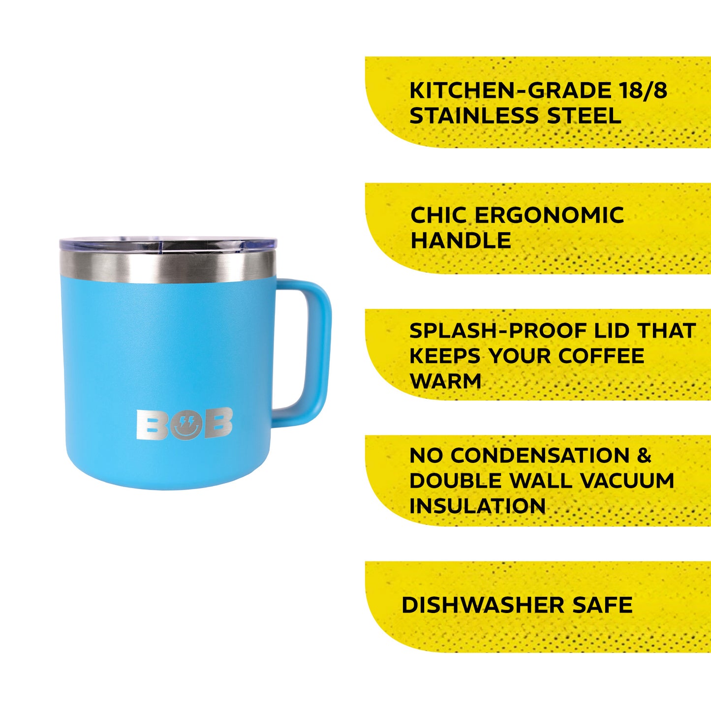 BOBs 14Oz Stainless Steel Double Wall Vacuum Insulated Coffee Mug with Lid and Handle by BOB The Cooler Co