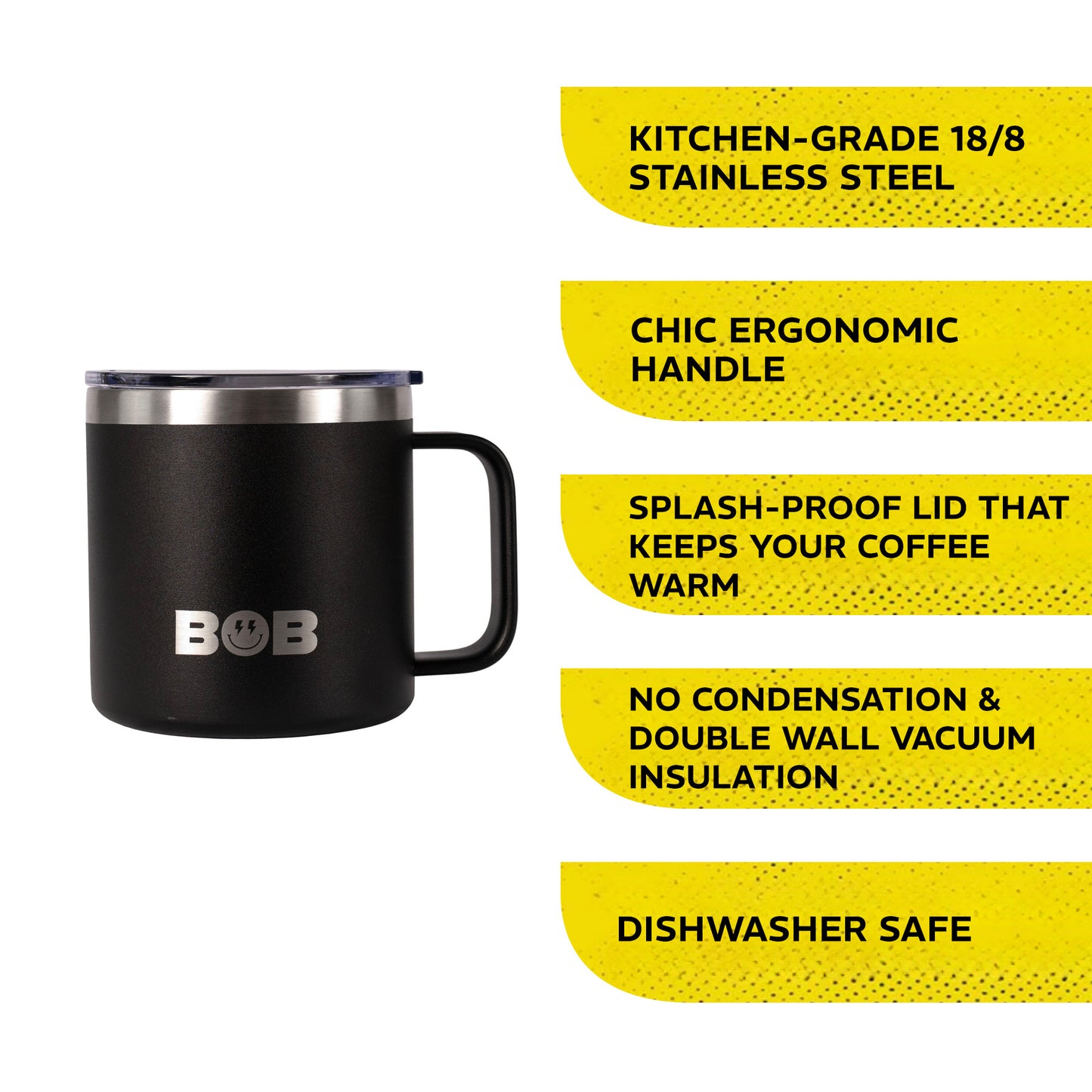 BOBs 14Oz Stainless Steel Double Wall Vacuum Insulated Coffee Mug with Lid and Handle