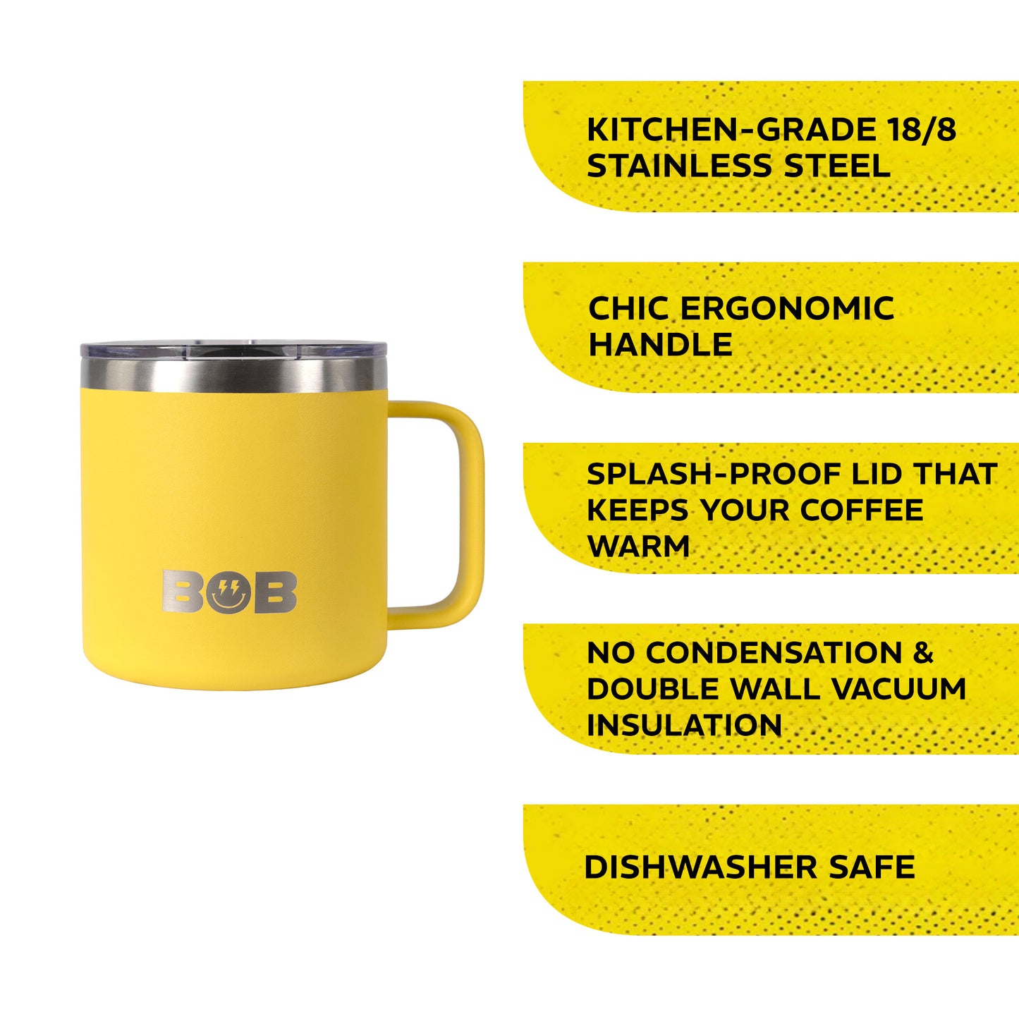 BOBs 14Oz Stainless Steel Double Wall Vacuum Insulated Coffee Mug with Lid and Handle by BOB The Cooler Co