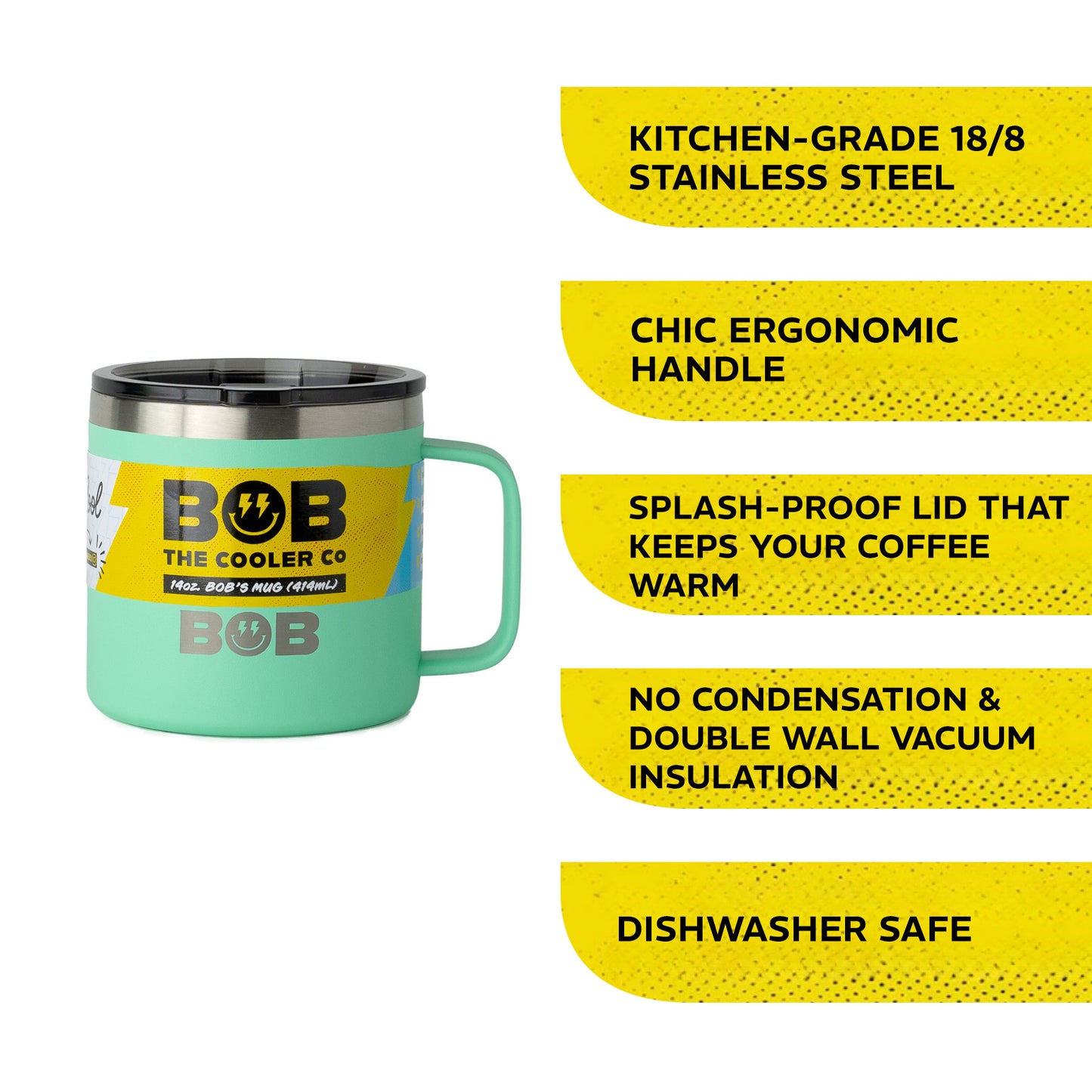 BOBs 14Oz Stainless Steel Double Wall Vacuum Insulated Coffee Mug with Lid and Handle by BOB The Cooler Co