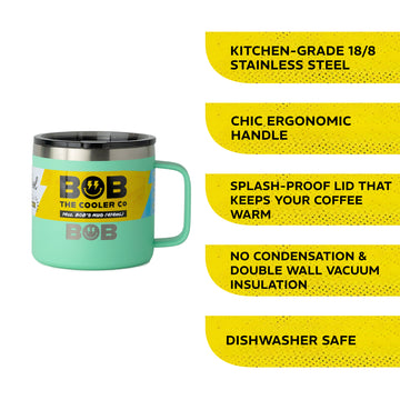 BOBs 14Oz Stainless Steel Double Wall Vacuum Insulated Coffee Mug with Lid and Handle by BOB The Cooler Co