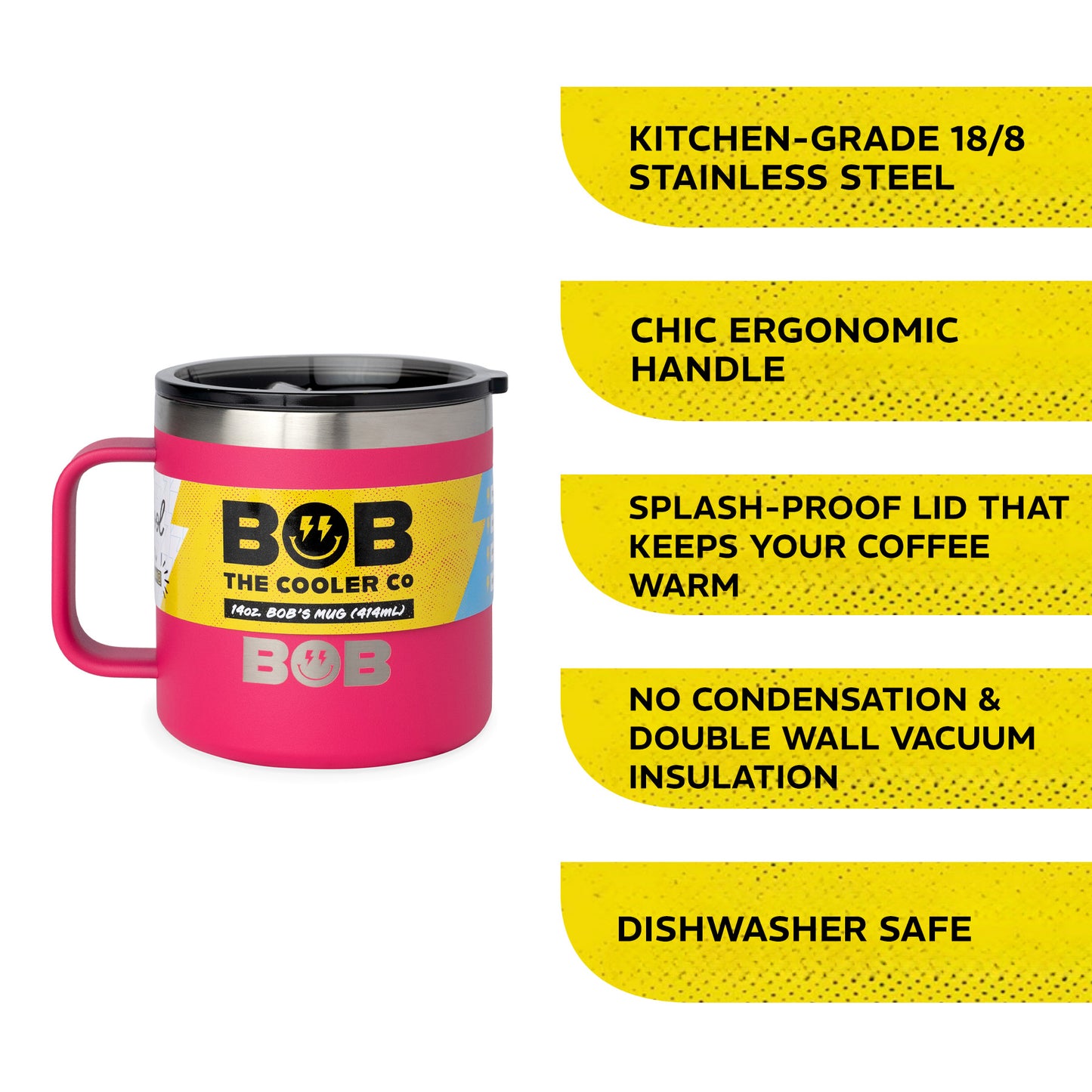 BOBs 14Oz Stainless Steel Double Wall Vacuum Insulated Coffee Mug with Lid and Handle