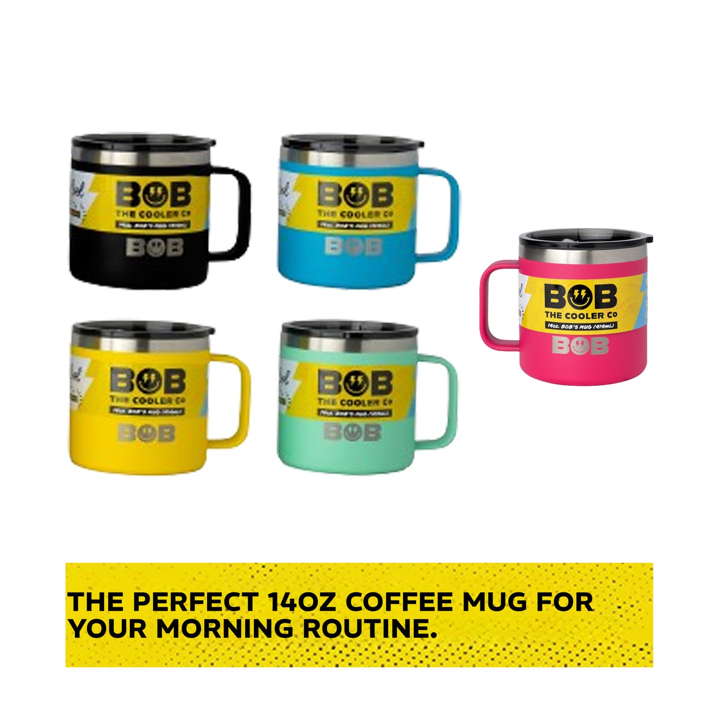 BOBs 14Oz Stainless Steel Double Wall Vacuum Insulated Coffee Mug with Lid and Handle