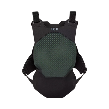 Black and green protective vest with 'FOX' branding on a white background