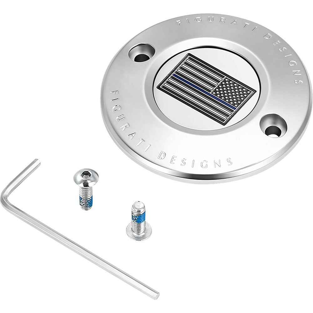 Figurati Designs Timing Cover - 2 Hole - Blue Line American Flag - Stainless Steel FD70-TC-2H-SS
