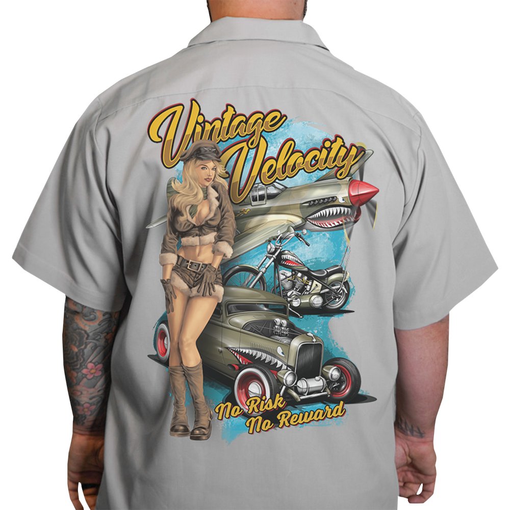 LETHAL THREAT Flying Tiger Pinup Shop Shirt - Gray - 3XL DG60158XXXL