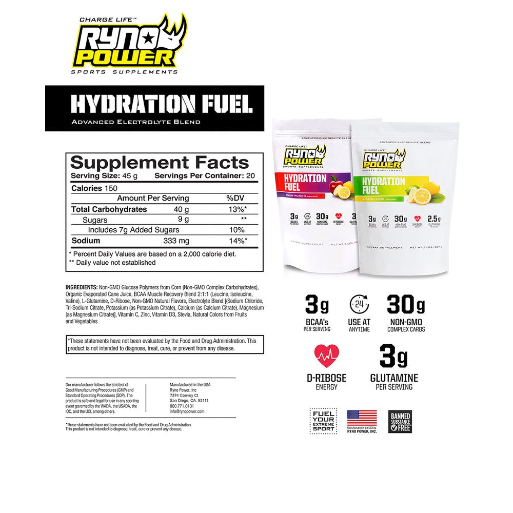 RYNO POWER Hydration Fuel Drink Mix - Fruit Punch - 1 lb - 10 Servings 1LB-HYD-FP
