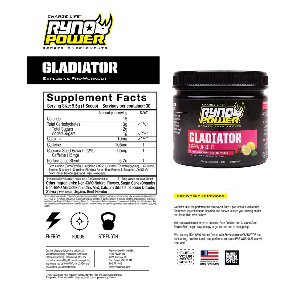 RYNO POWER Gladiator Pre-Workout Drink Mix - Tub - Strawberry Lemonade GLAD-SL
