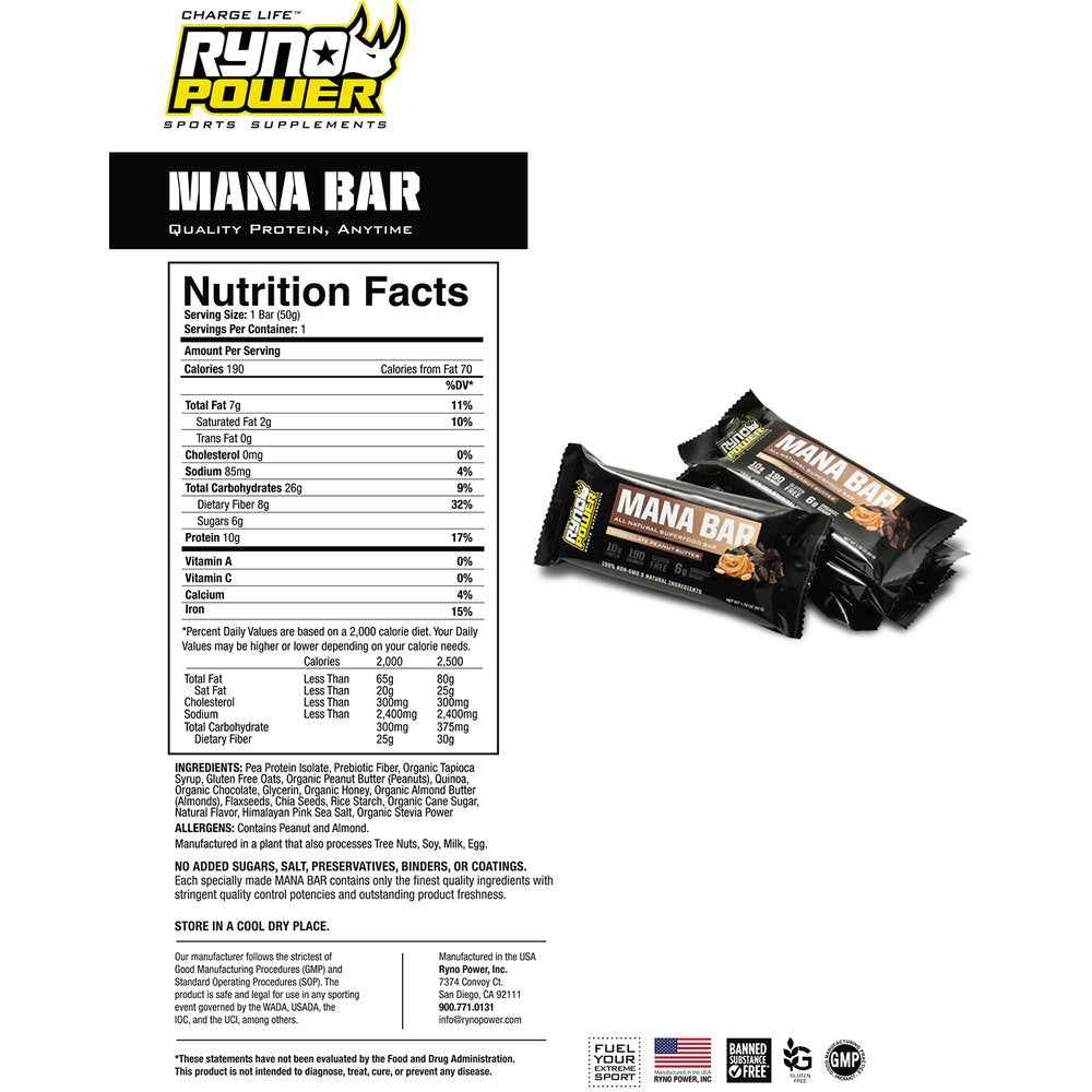 RYNO POWER Mana Protein Bar - 12 Pack with Display Caddy - Chocolate Peanut Butter MANACAD