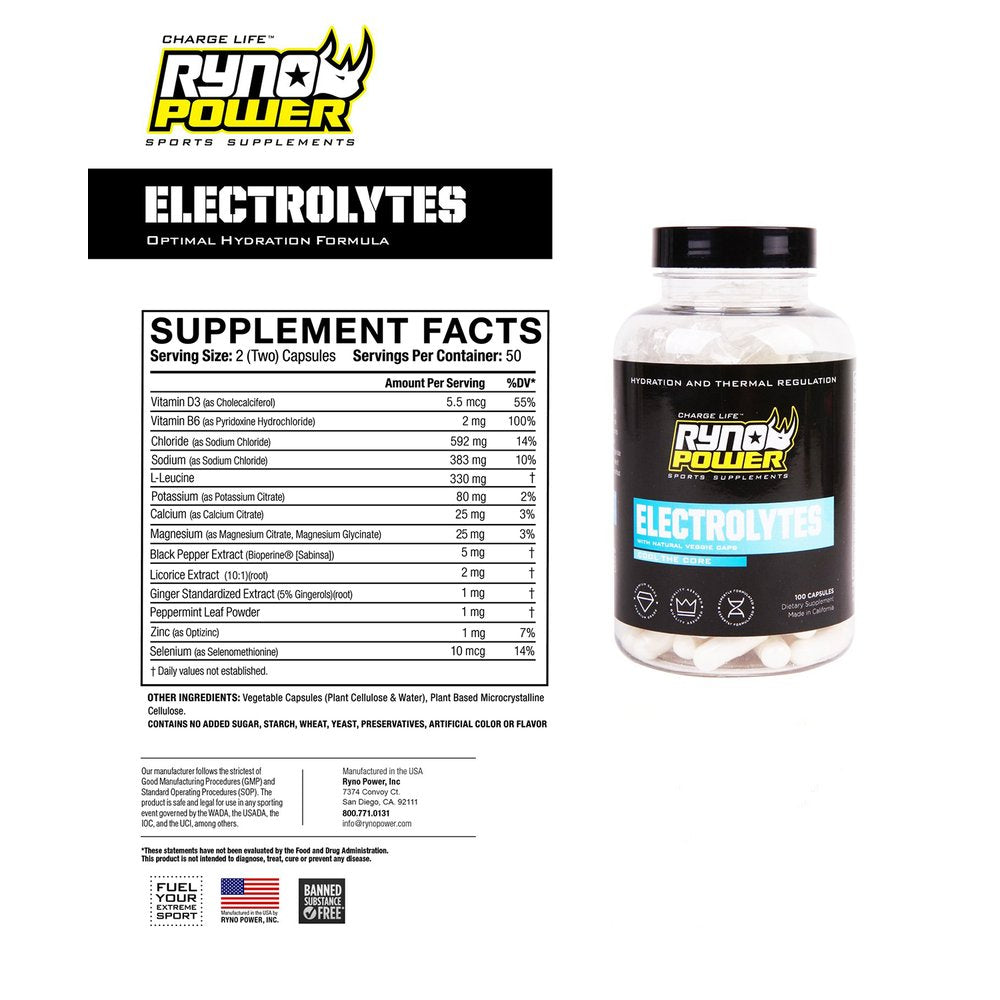 RYNO POWER Electrolyte Capsules - 100 ct. Bottle ELE883