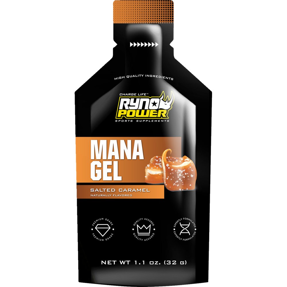 RYNO POWER Mana Performance Gels - 12 Pack with Display Caddy - Salted Caramel GEL-CADDY12-CAR