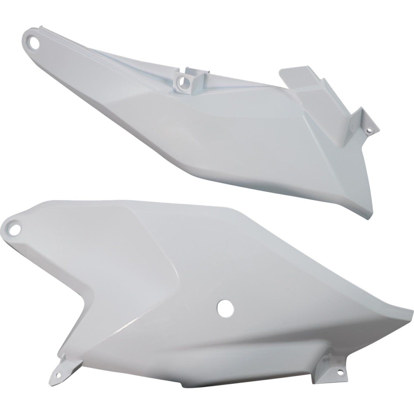 A pair of white ABS plastic side panels for motor vehicles, featuring pre-drilled holes for mounting.