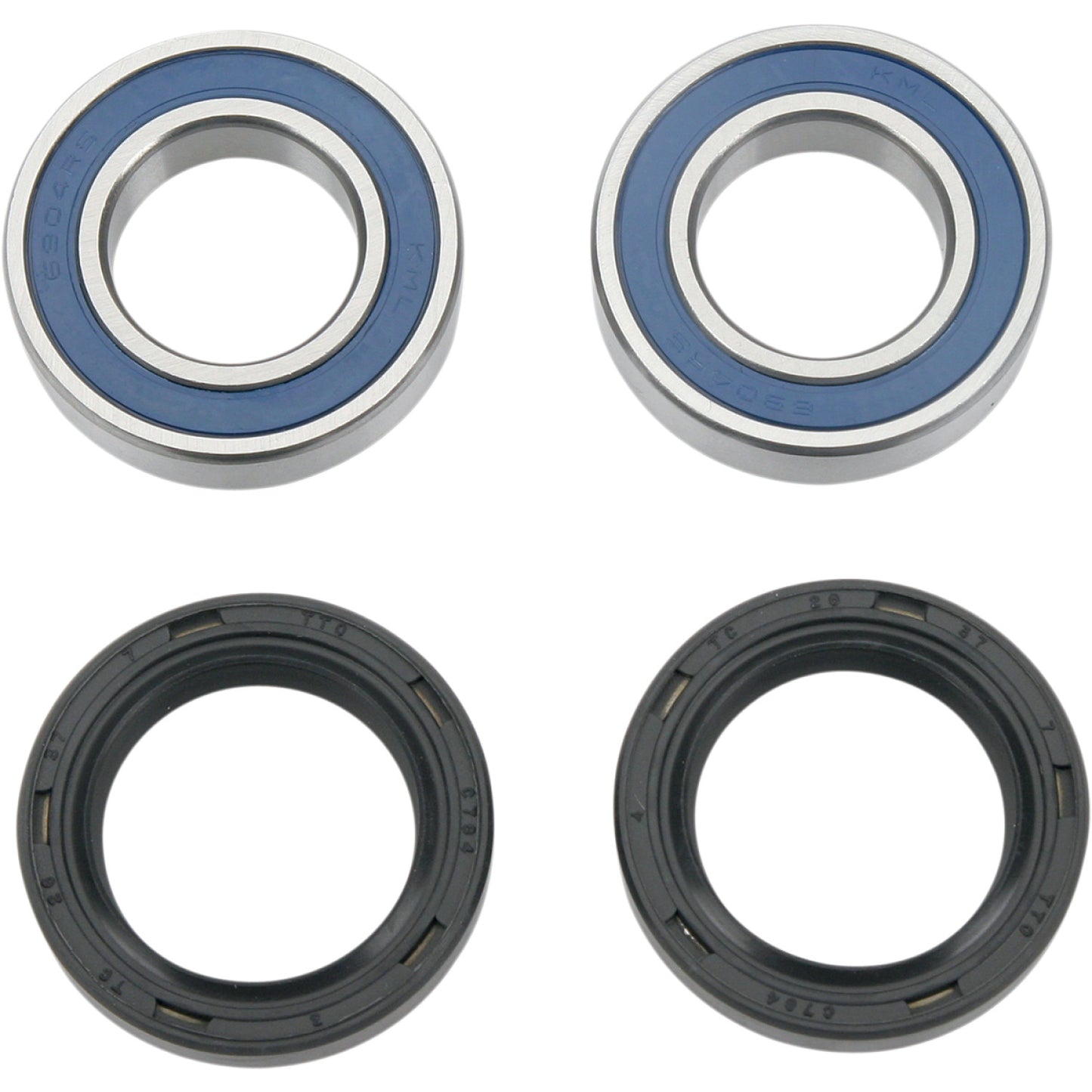 Two blue wheel bearings and two black wheel seals for a motorcycle, displayed on a white background.