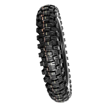 Off-road tire with prominent tread pattern on a white background