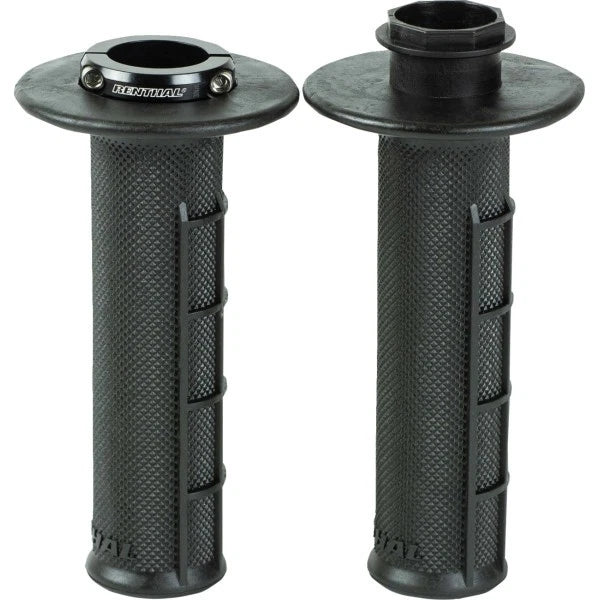 Pair of black motorcycle grips with textured surface on a white background