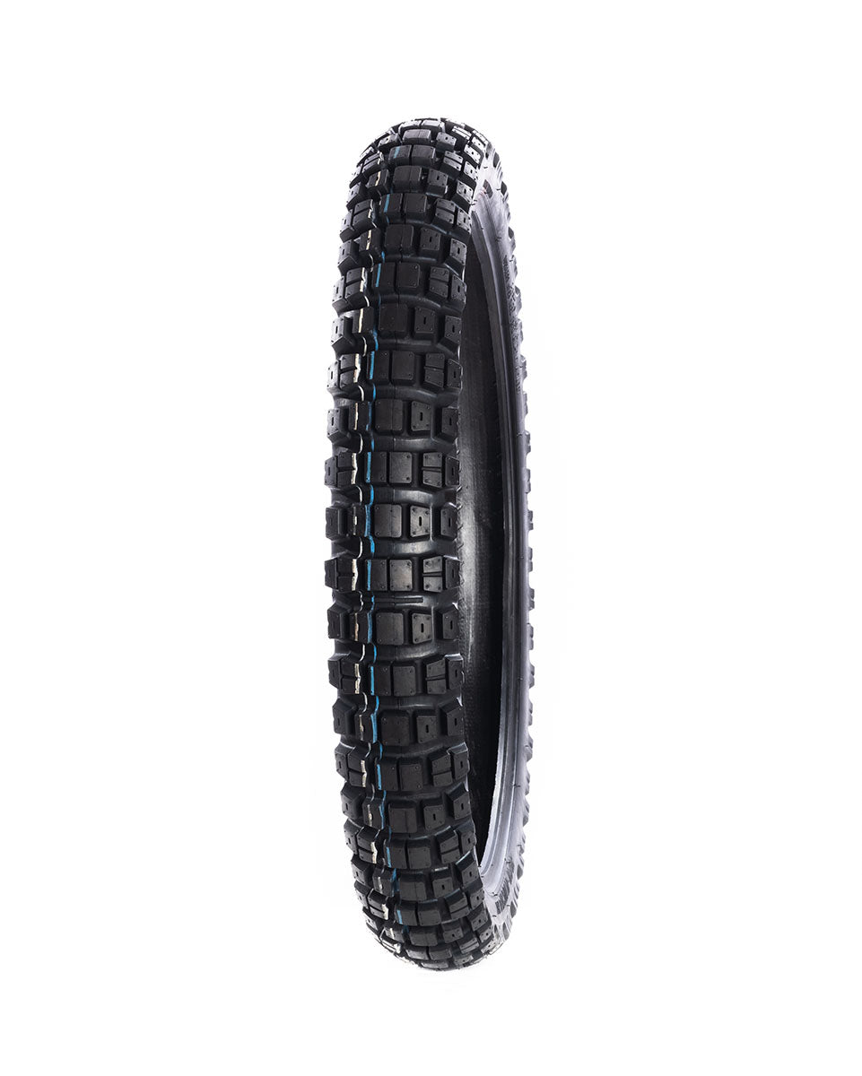 Motorcycle tire with tread pattern on a white background