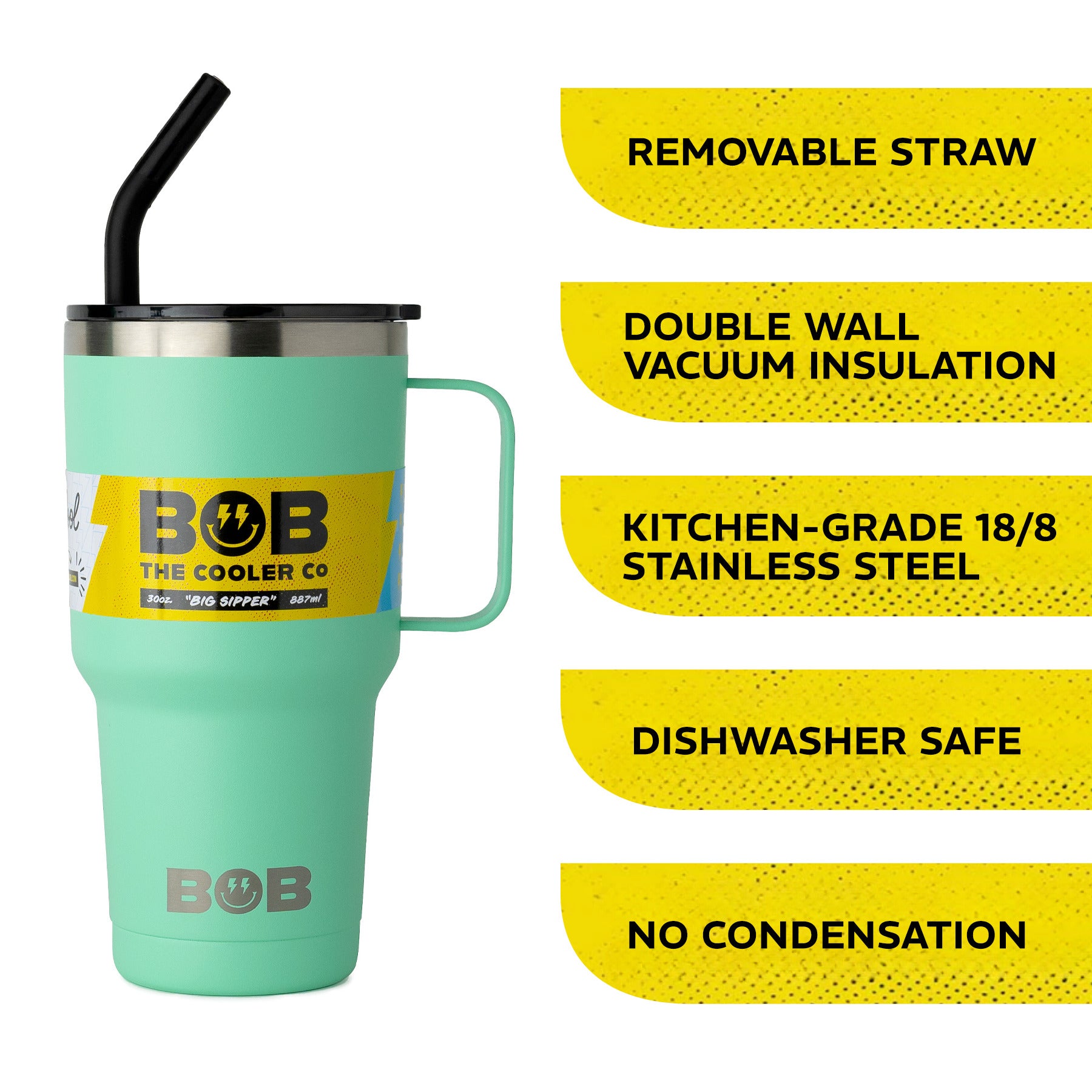 BOBs 30Oz Heavy Duty Double Wall Vacuum Insulated Tumbler with Straw and Handle by BOB The Cooler Co