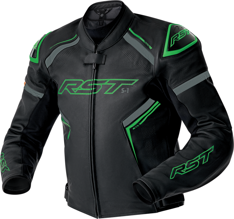 RST S1 D3O Leather CE Jacket - Black/Grey/Fluro Green - 3XL