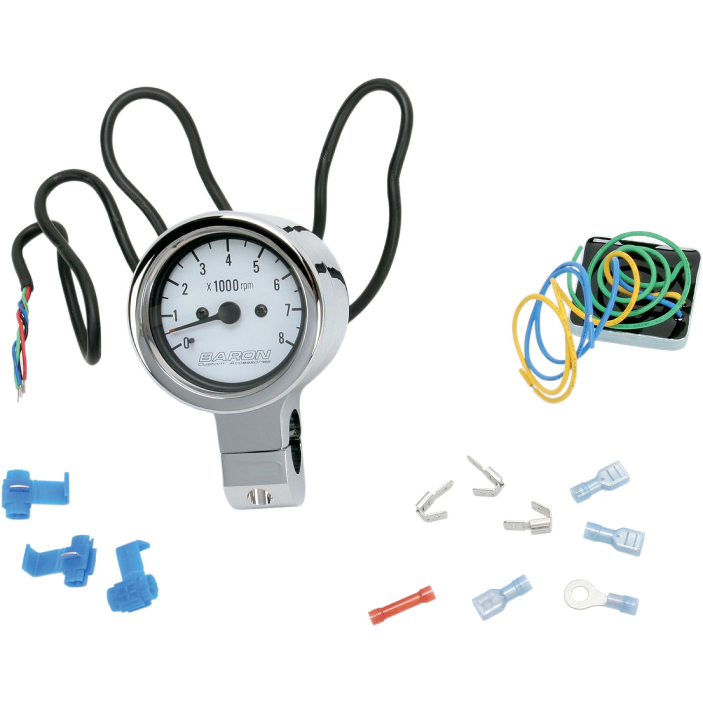 BARON 3" Bullet Electronic Tachometer Fits 1" Bar - Chrome - White Face - 3.5" L x 2.875" D BA-7570-00