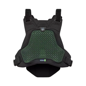 Fox Airframe Black and green protective vest on a white background