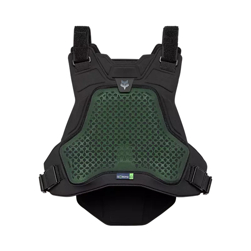 Fox Airframe Black and green protective vest on a white background