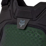 Close-up of a black protective vest with a brand logo on a white background