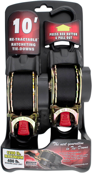 ERICKSON Retractable Ratchet Tie-Downs - 10' - Black 34415