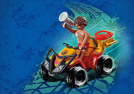 Toy figure on a red ATV with a blue background