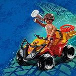Toy figure on a red ATV with a blue background