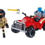 Toy figure of a firefighter with a red ATV and ax on a white background
