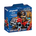 Playmobil City Action toy set packaging with a red ATV and firefighter figure on a white background.