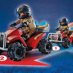 Toy ATV with a driver figure and a smaller ATV with a figure on a blue background
