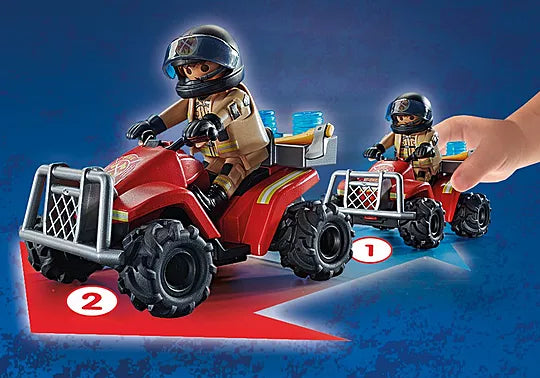 Toy ATV with a driver figure and a smaller ATV with a figure on a blue background