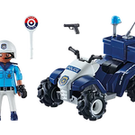 Toy police officer and ATV with accessories on a white background