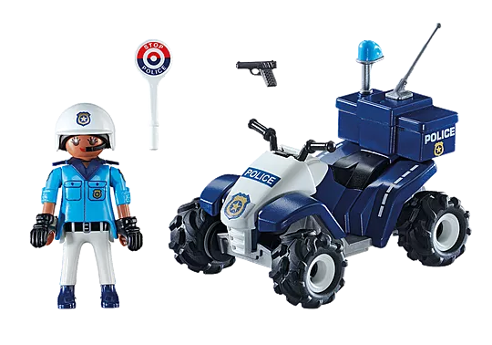 Toy police officer and ATV with accessories on a white background