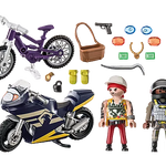 Playmobil toy set with motorcycle, figures, and accessories on a white background
