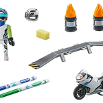 Toy figure with accessories including a helmet, motorcycle, and markers on a white background