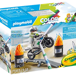 Playmobil Crayola color set packaging with a motorcycle and markers.