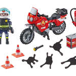 Playmobil fire bike set with motorcycle, helmet, and accessories on a white background