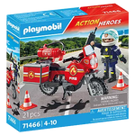 Playmobil Action Heroes fire motorcycle set packaging with toy figures and equipment.