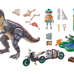 Toy dinosaur set with figures, accessories, and packaging on a white background