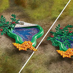 Two views of a toy pond with plants and flowers on a textured brown background