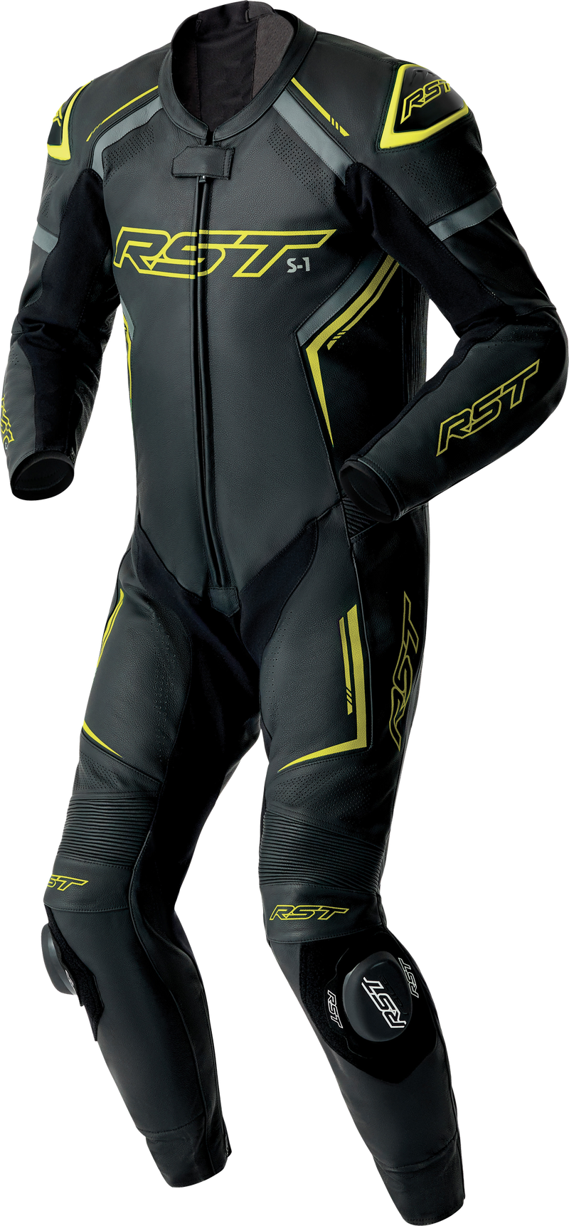 RST S1 D3O CE Leather Suit - Black/Grey/Fluro Yellow - 3XL