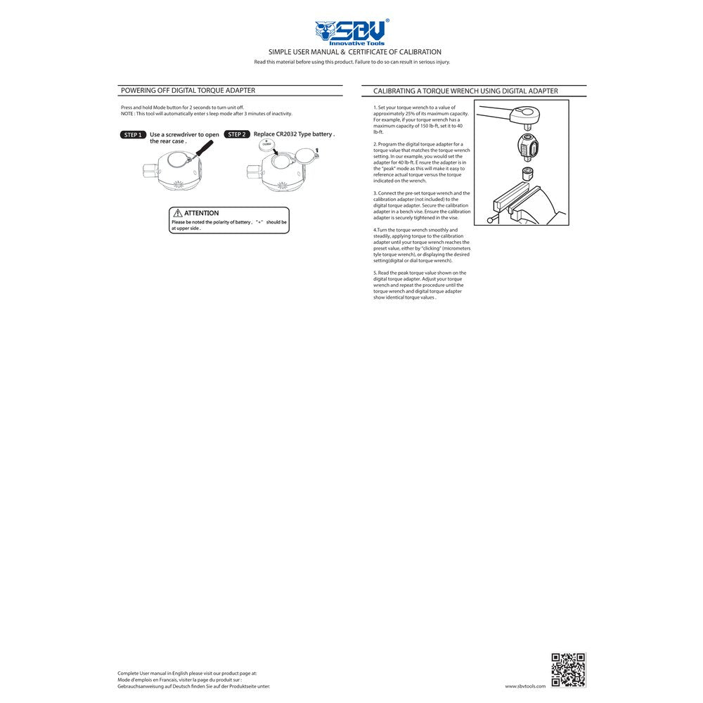 SBV Tools Digital Torque Adapter 3/8"