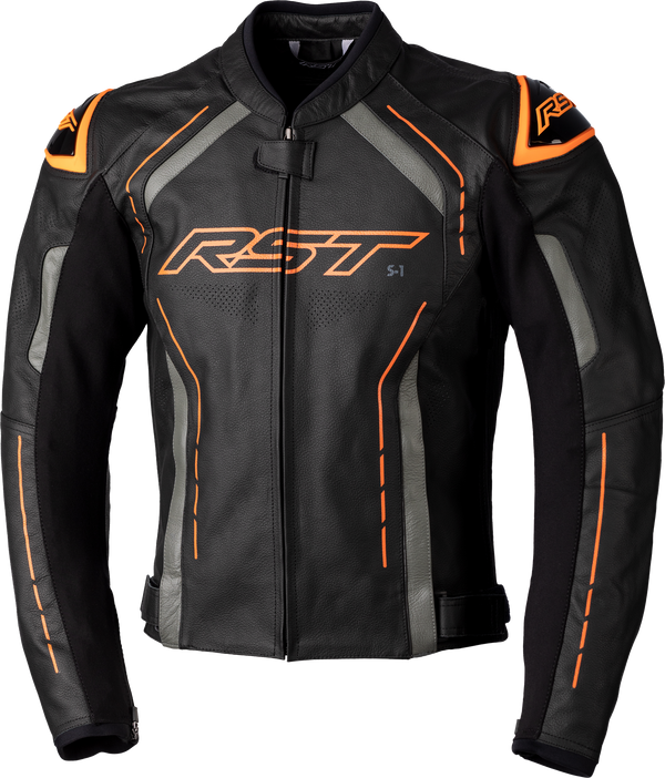 RST S1 CE Leather Jacket - Black/Grey/Neon Orange - M