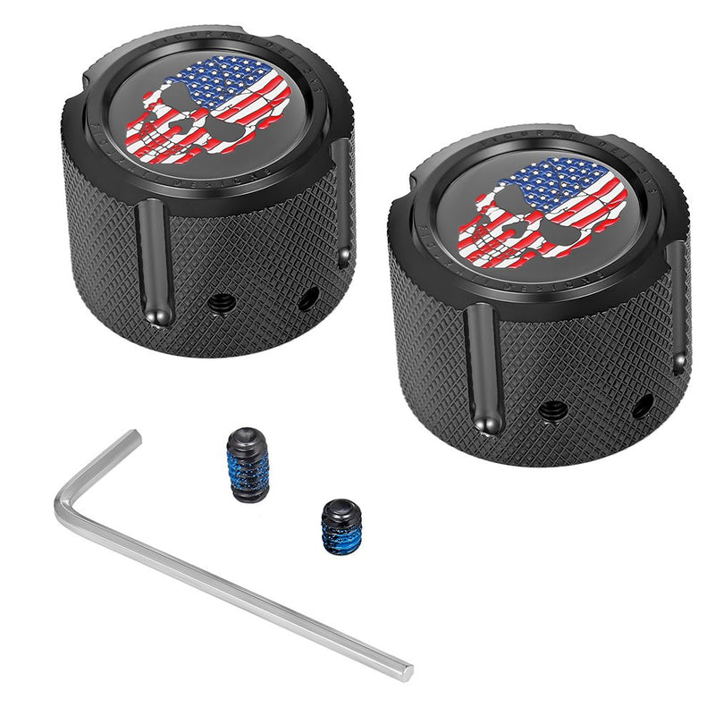 Figurati Designs Axle Nut Cover - Front - Stainless Steel - Red/White/Blue Flag Skull - Black FD25-FAC-BK