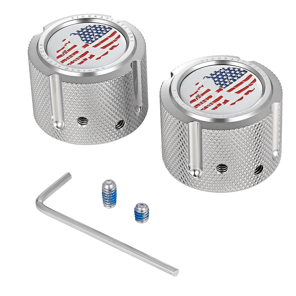 Figurati Designs Axle Nut Cover - Front - Stainless Steel - Red/White/Blue Flag Skull - Silver FD24-FAC-SS