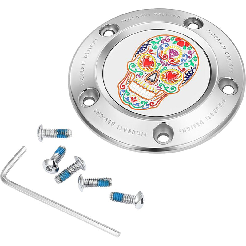 Figurati Designs Timing Cover - 5 Hole - Sugar Skull - Mirror Polished - Stainless Steel FD30-TC-5H-SS
