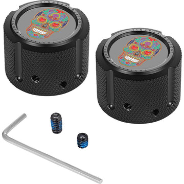 Figurati Designs Axle Nut Cover - Front - Stainless Steel - Sugar Skull - Black FD30-FAC-BLK
