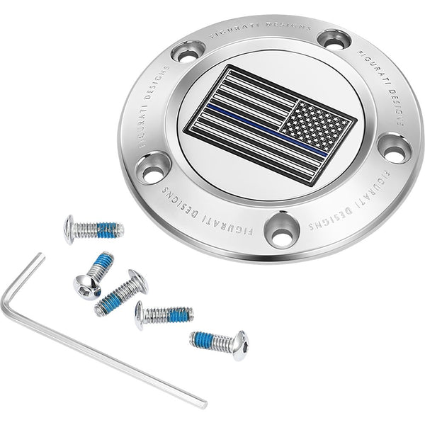 Figurati Designs Timing Cover - 5 Hole - Blue Line American Flag - Stainless Steel FD70-TC-5H-SS